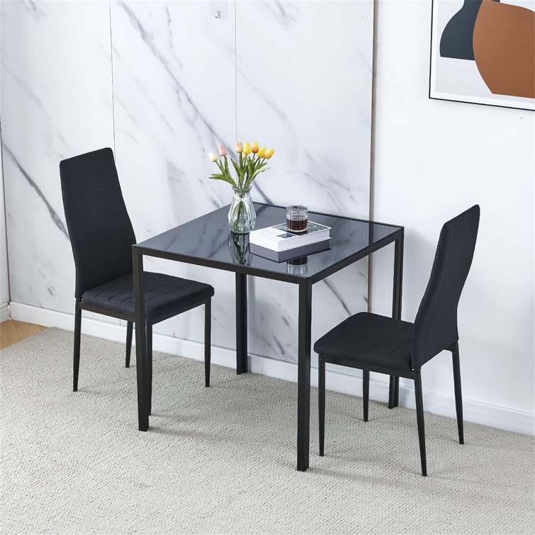 Latitude Run 3 Pieces Black Glass Dining Table With Chairs Set For 2